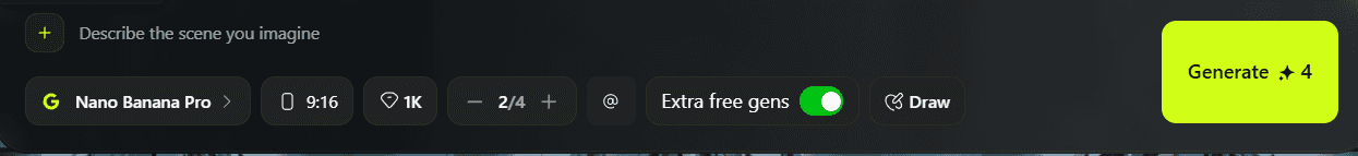 Nano Banana Pro generation interface with prompt field and settings