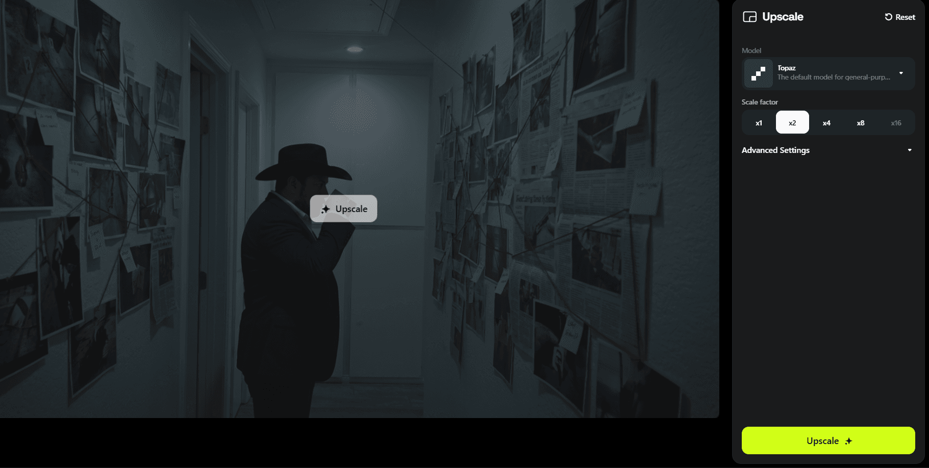 Upscale interface showing the detective image with x2 scale factor selected and Upscale button