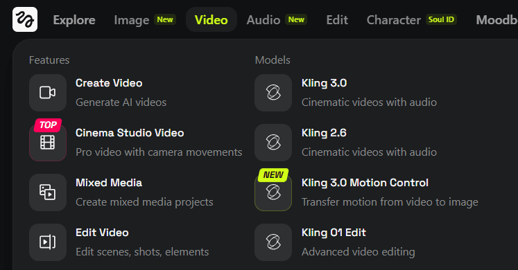 Higgsfield Video tab showing Kling 3.0 Motion Control model option
