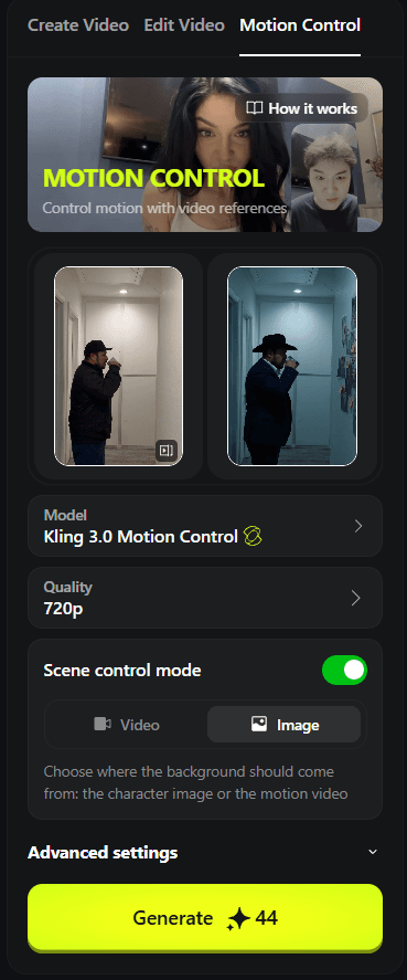 Motion Control panel with both videos uploaded and Scene Control set to Image mode