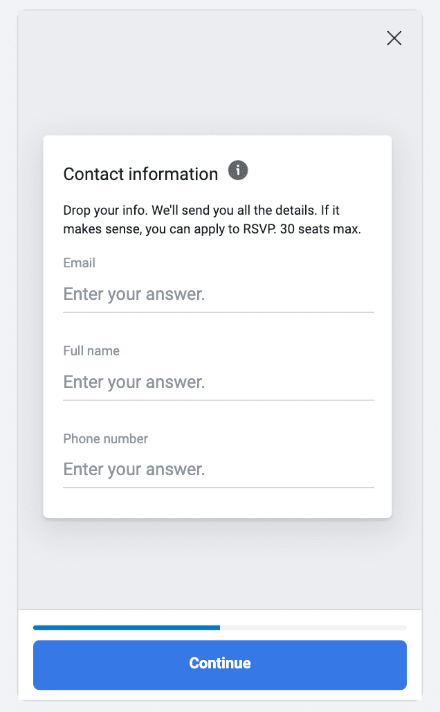 Facebook lead form step 1 — ad creative prompting user to sign up