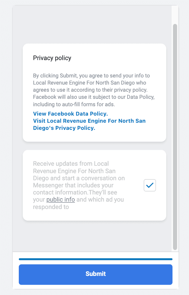 Facebook lead form step 2 — autofilled contact fields inside Facebook