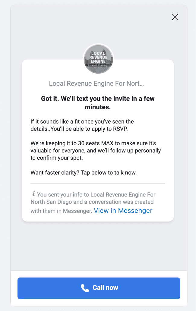 Facebook lead form step 3 — submission confirmation screen