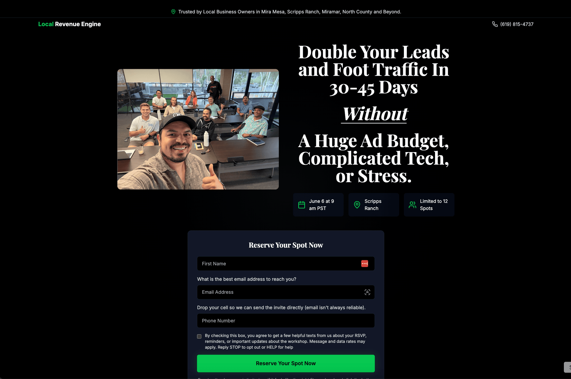 Landing page hero section with headline and call to action