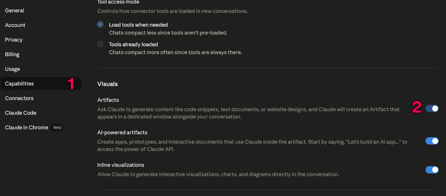 Claude Settings > Capabilities showing the Artifacts toggle