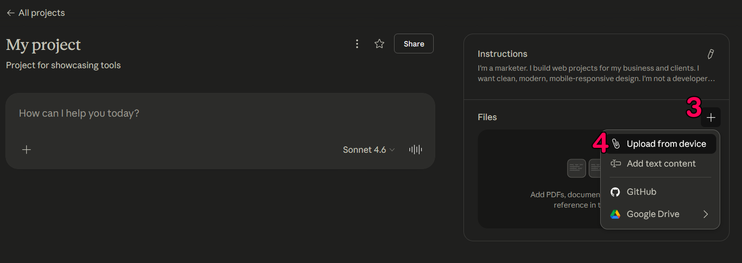 Claude project view showing the Files panel with upload options