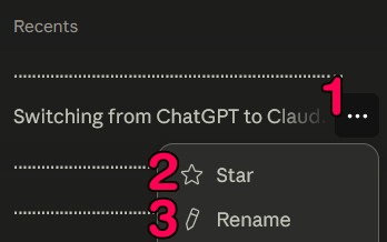 Claude chat context menu showing the Star and Rename options